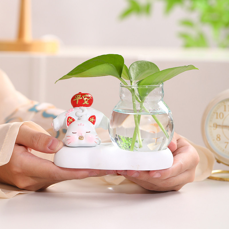 可爱招财猫摆件茶桌植物玻璃花瓶水养器皿插花小摆设工位装饰水培