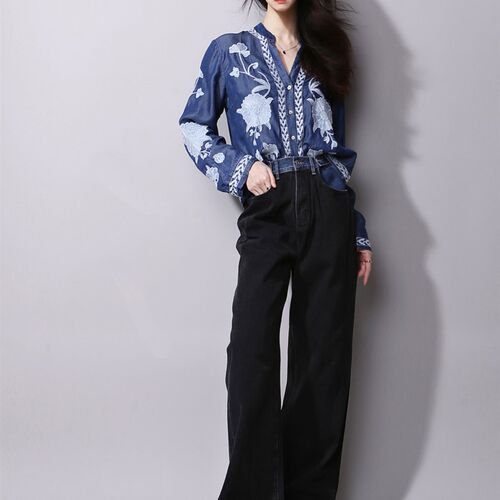 S31拼接撞色两种穿法纽扣褶皱宽松显瘦阔腿直筒欧美休闲牛仔长裤