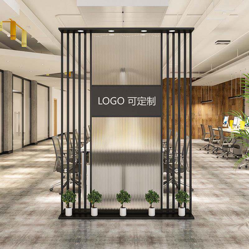 简约长虹玻璃办公室进门隔断现代背景Logo墙公司前台入户屏风玄关