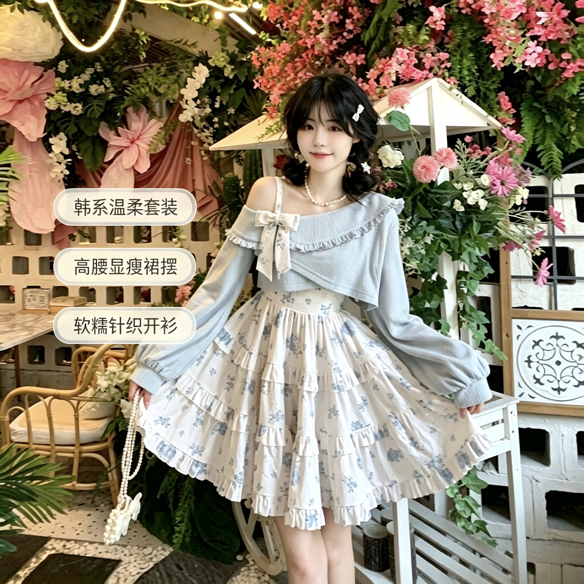 温柔蓝碎花吊带连衣裙套装女荷叶边短款开衫两件套小个子蛋糕裙