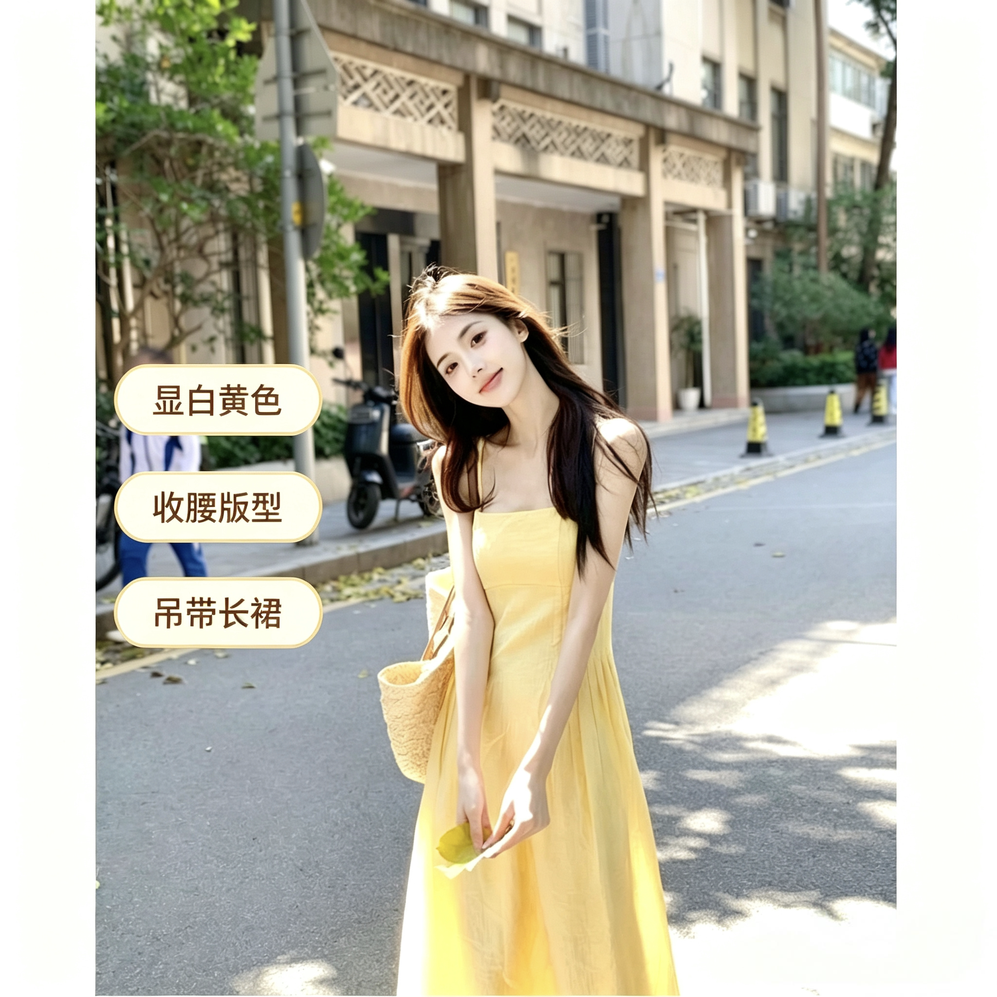 温柔黄色方领吊带连衣裙女夏季收腰褶皱显瘦长款度假仙女长裙