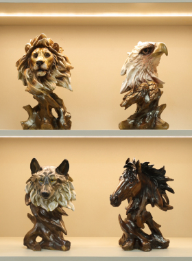 办公室木雕摆件书柜书架酒柜装饰招财马狮子老鹰艺术根雕塑工艺礼