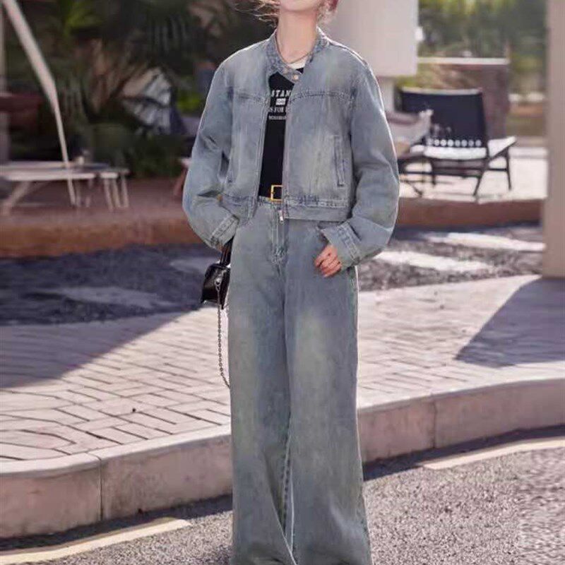 设计感工装牛仔套装女2024年春秋季新款气质短款外套阔腿裤两件套