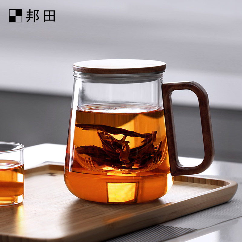 邦田玻璃茶杯茶具高档个人专用杯茶水分离泡茶杯胡桃木带盖杯子
