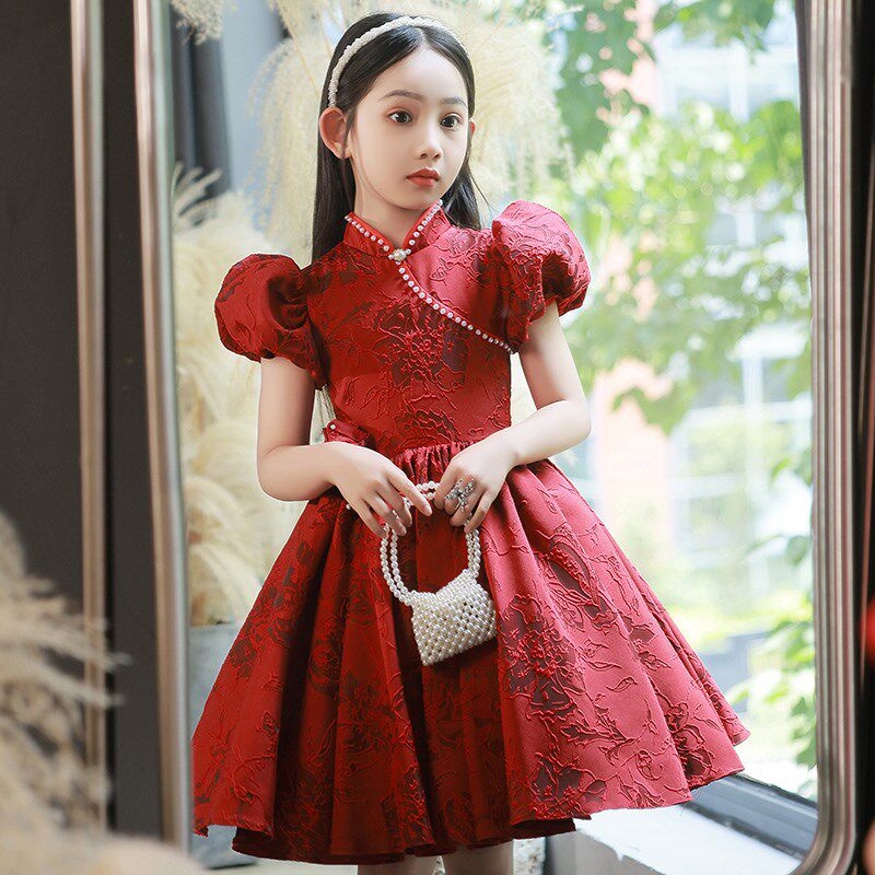 女童高端礼服生日中国风演出儿童小主持人花童公主裙红色旗袍秋冬