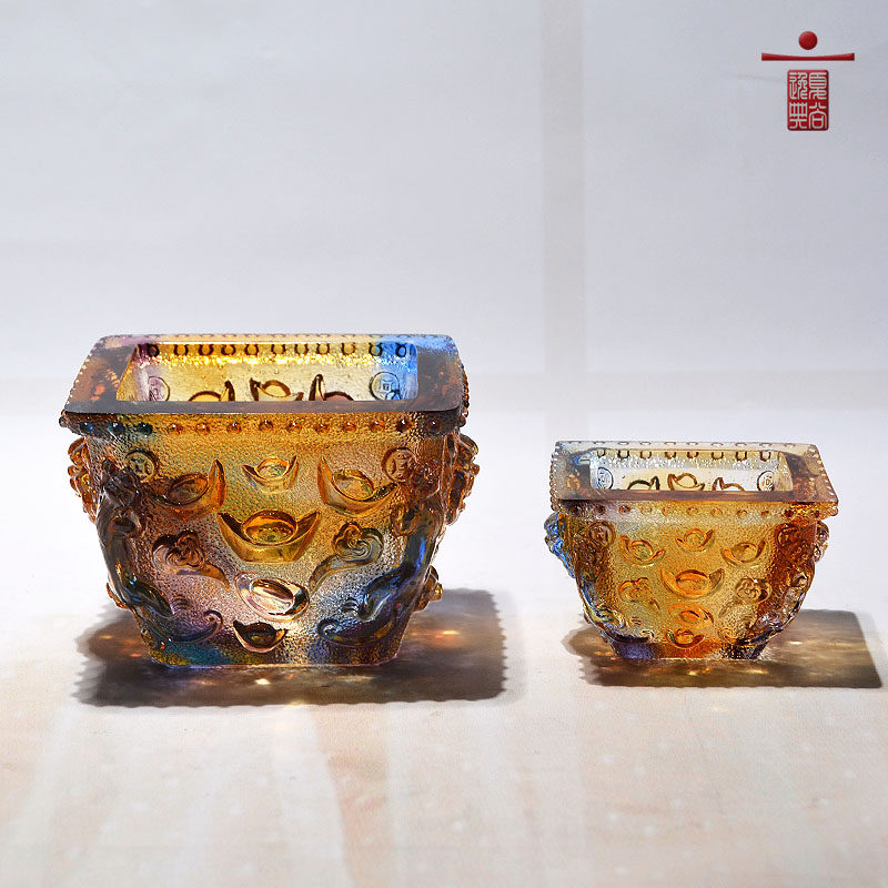 琉璃工艺品桌面门口玄关钥匙收纳盒中式创意水晶聚宝盆办公室摆件