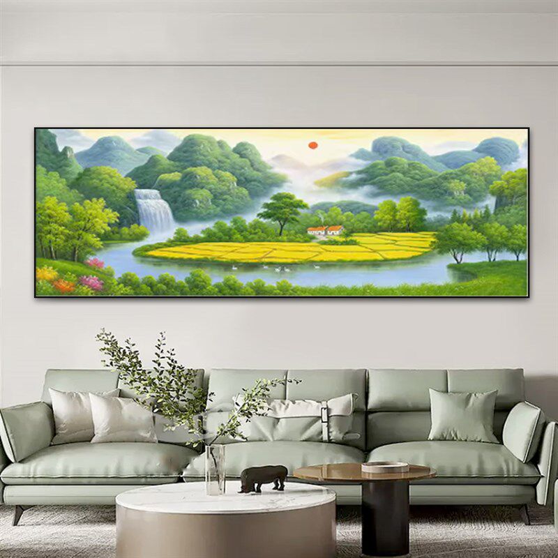 青山绿水挂画客厅沙发背景墙横幅聚宝盆装饰画东西墙山水风景壁画