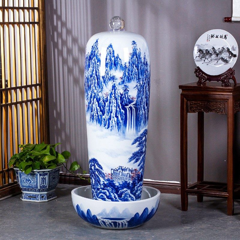 室内高端流水摆件家居乔迁水景坛子青花瓷落地花瓶加湿器喷泉陶罐