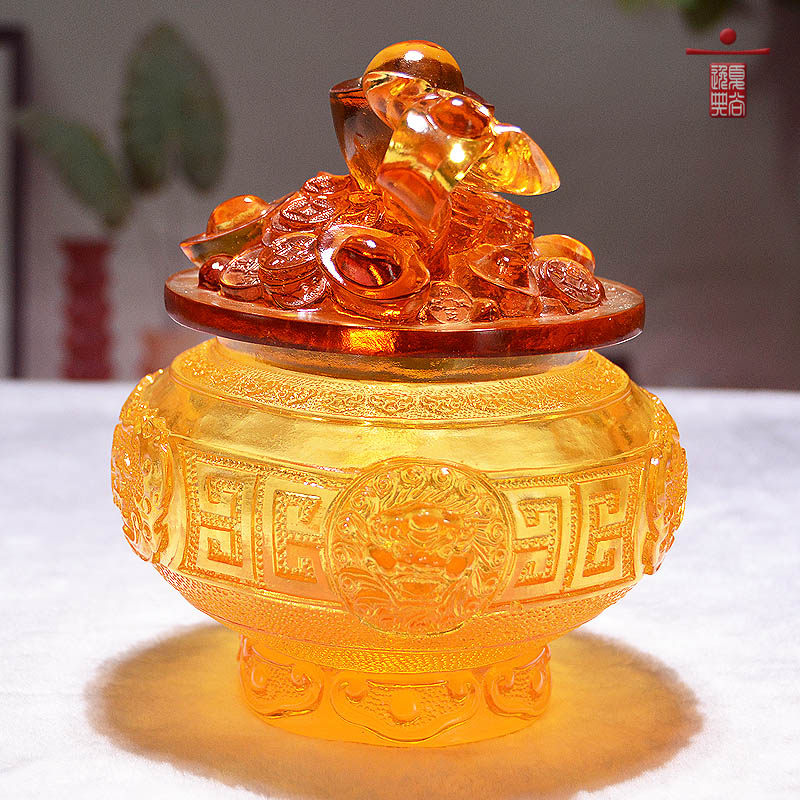 琉璃聚宝盆带盖摆件家居饰品结婚中式轻奢客厅玄关装饰工艺品