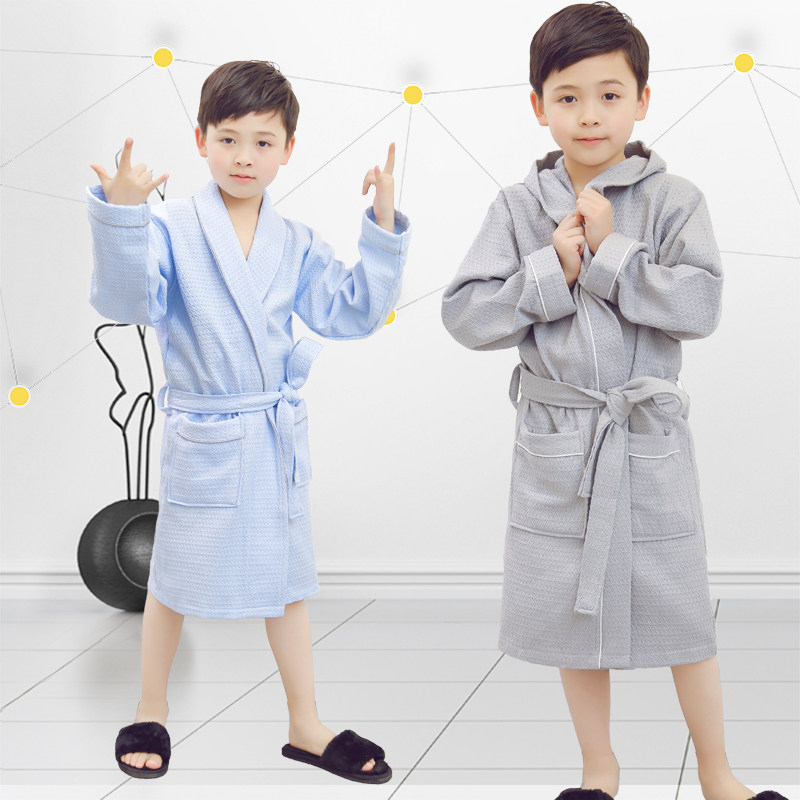 儿童浴袍男童夏季薄款纯棉女孩带帽中大童春秋游泳吸水小孩睡袍