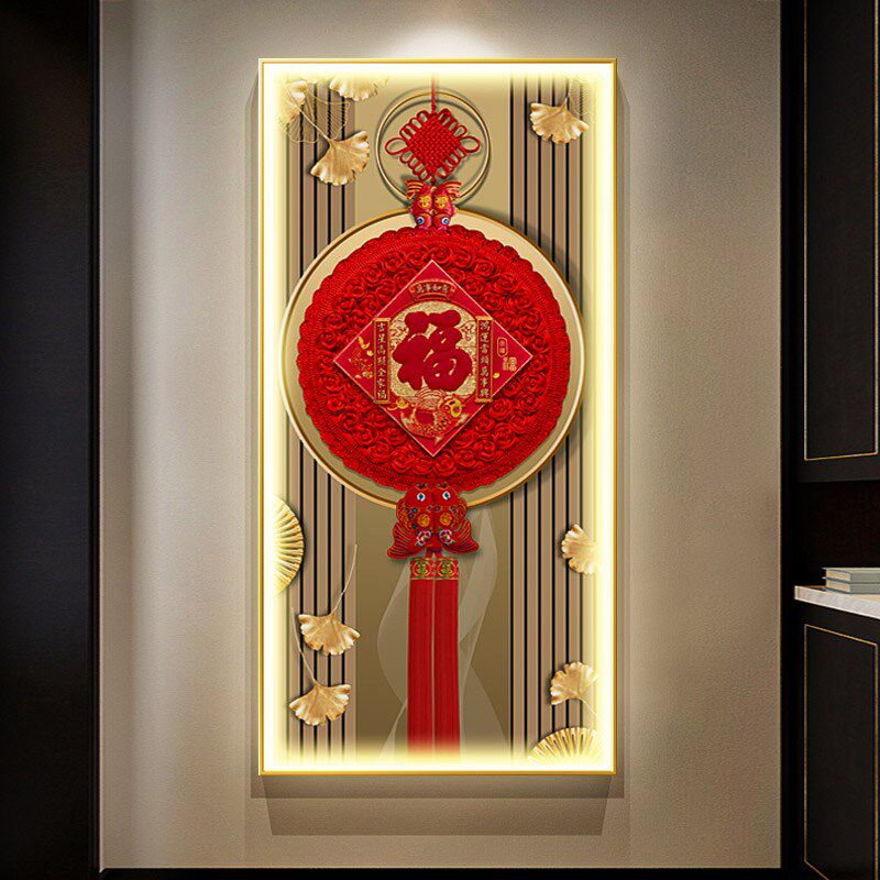 网红中国结玄关发光装饰入户门画福道字灯挂画新中式走廊过壁画