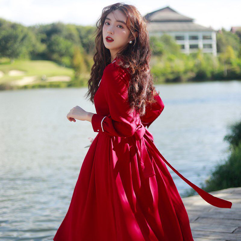 秋冬2022新款敬酒服伴娘礼服法式年会订婚高级感红色长袖连衣裙女