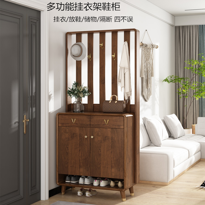 新中式家用一体挂衣架鞋柜进门储物玄关柜入户门口实木框隔断柜子
