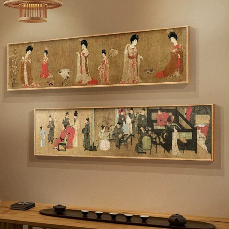 簪花仕女图唐代横幅仿古国画新中式茶室挂画客厅卧室背景墙装饰画