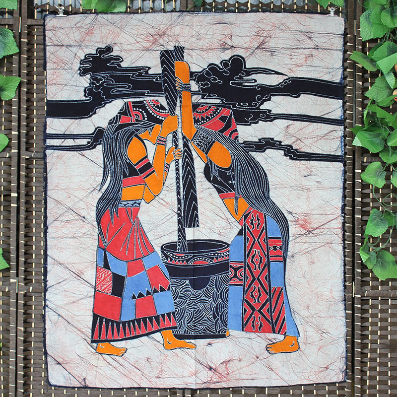 棉布壁挂蜡染画特色手工布画民族餐厅酒吧装饰佤族风格挂画舂米歌