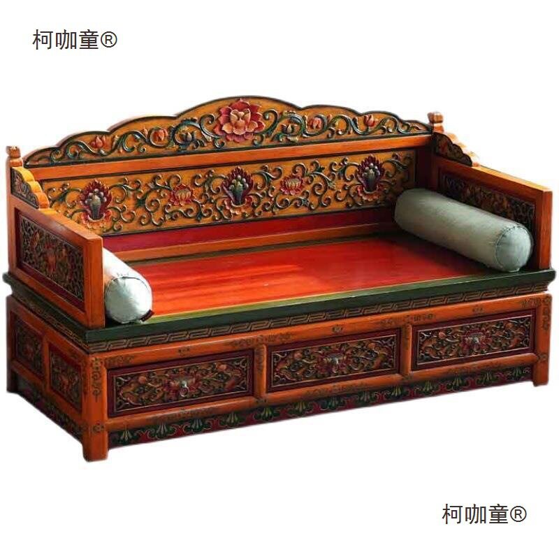 发藏式家具实木雕花沙发床藏族彩绘罗汉床民宿客栈家具做旧
