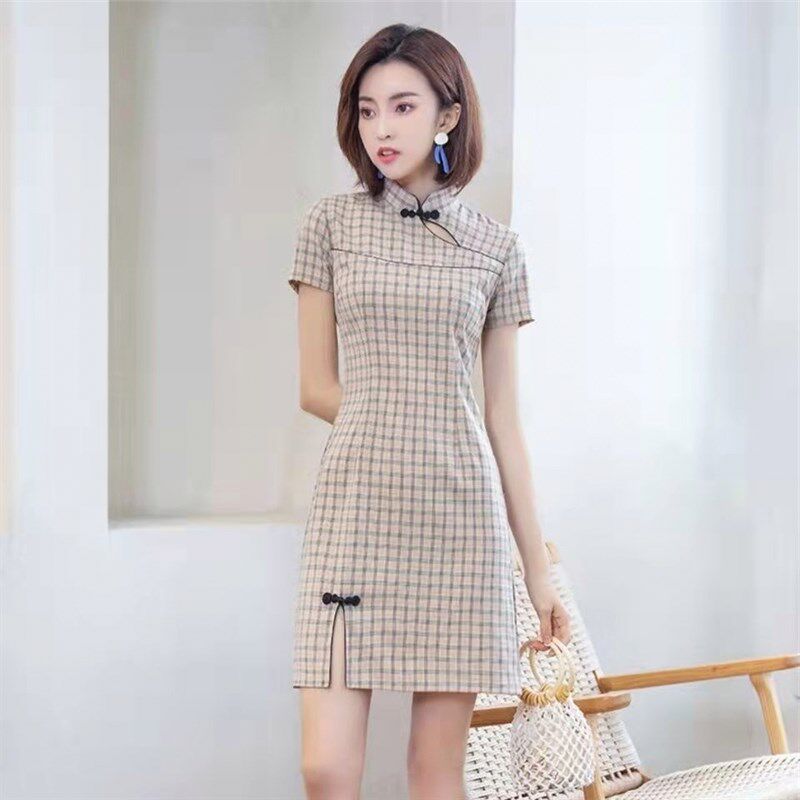 小个子旗袍少女2025夏款年轻高端气质格子改良显瘦短袖连衣裙复古