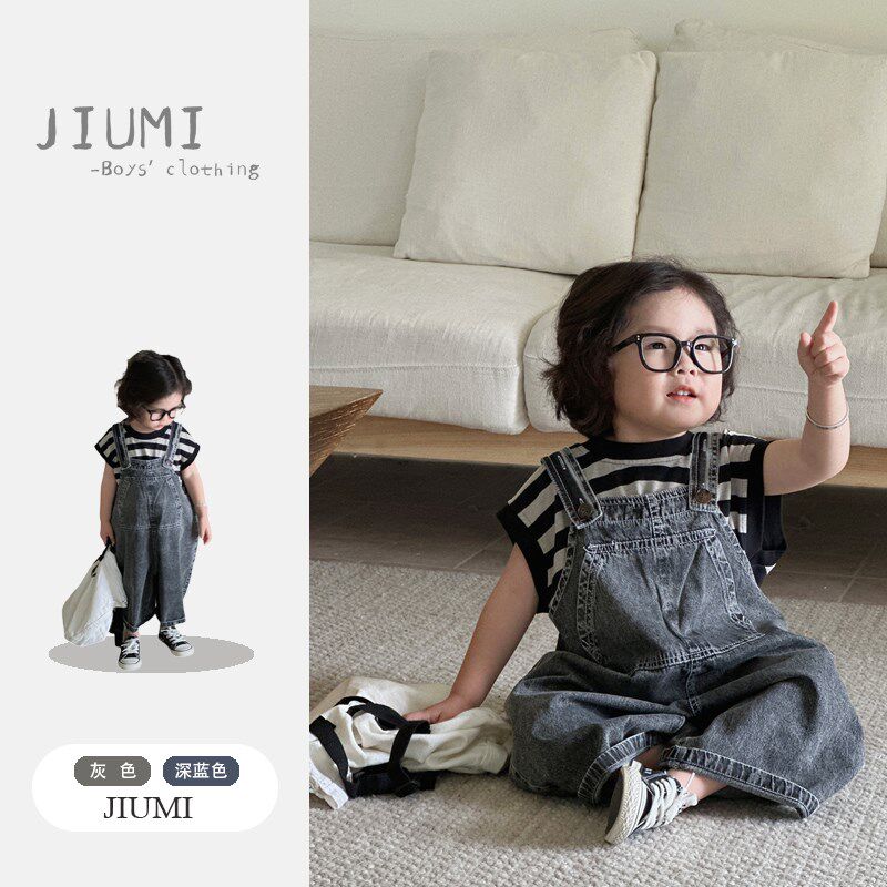 男童夏装新款短袖条纹T恤上衣儿童3岁男宝休闲背带牛仔八分裤套装