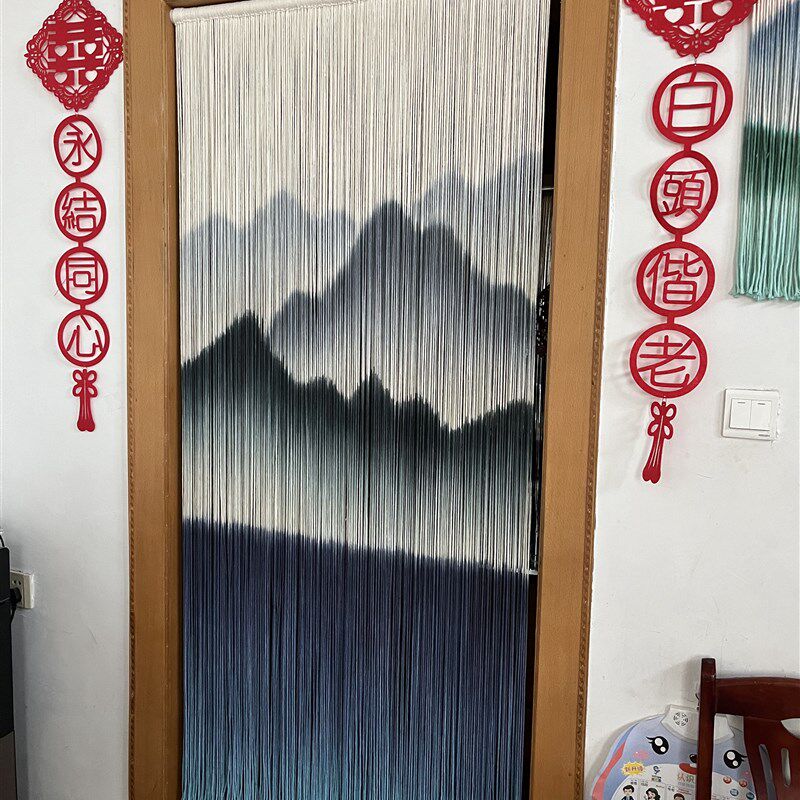新中式纯手绘入户门帘隔断窗帘线帘墙饰装饰画