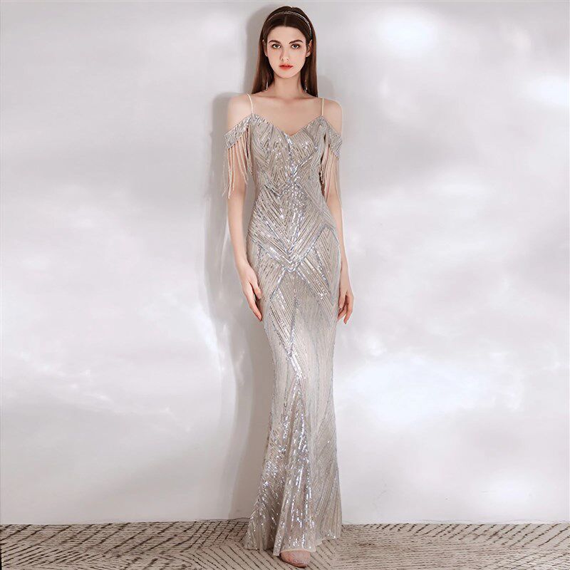 一半盛装吊带晚礼服女2024新款高级感高贵轻奢宴主持人鱼尾礼服裙