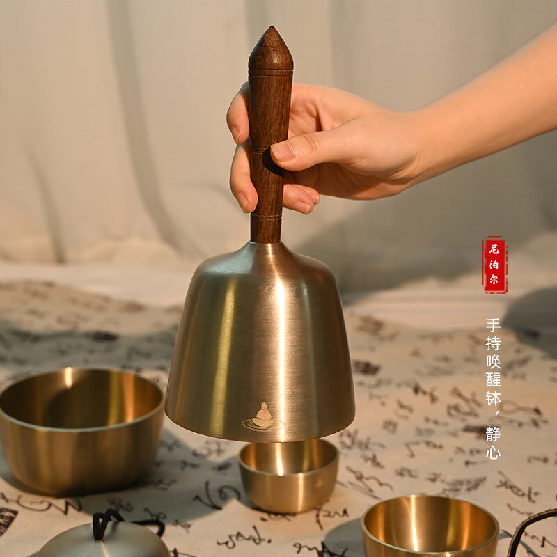 手持唤醒钵碰钟冥想铜罄音疗尼泊尔手工摆件引磬颂钵唤醒乐器套餐