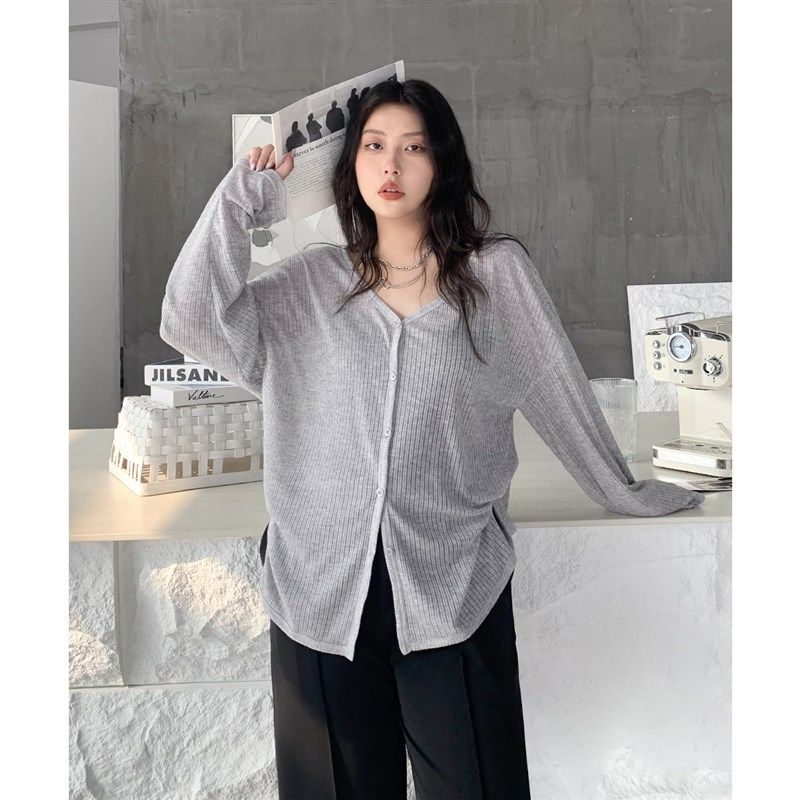 CV大码女装 秋新款V领坑条长袖衬衫空调小衫防晒开衫上衣显瘦胖mm