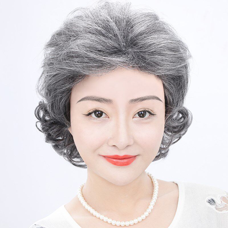中老年假发女短卷发妈妈款夏天透气女士花白色奶奶假发套全真发