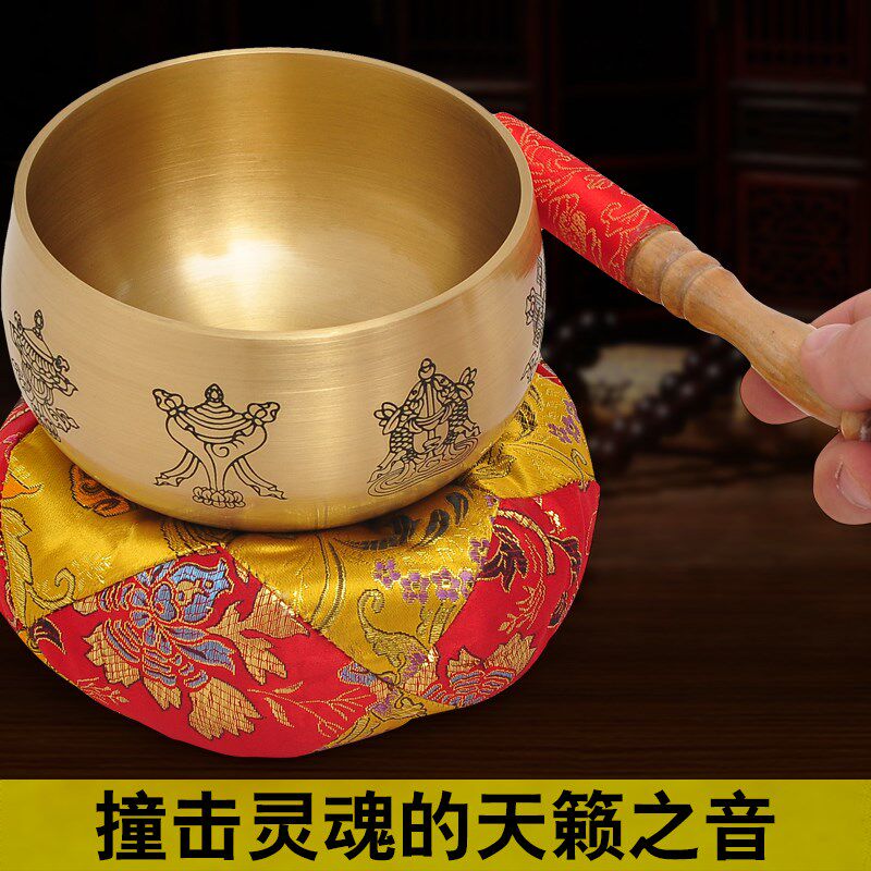 黄铜日式精品八吉祥铜磬佛音碗钵法器磬碗垫子引磬长柄引庆铜庆