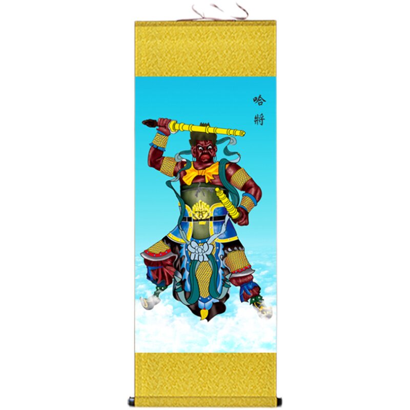哼哈二将神像哈将画像挂画客厅玄关装饰画左右门神丝绸卷轴画定做