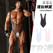 情趣潮 吊带连体衣镂空高叉性感塑身轻薄三角裤 2件装 TR透明深V男士