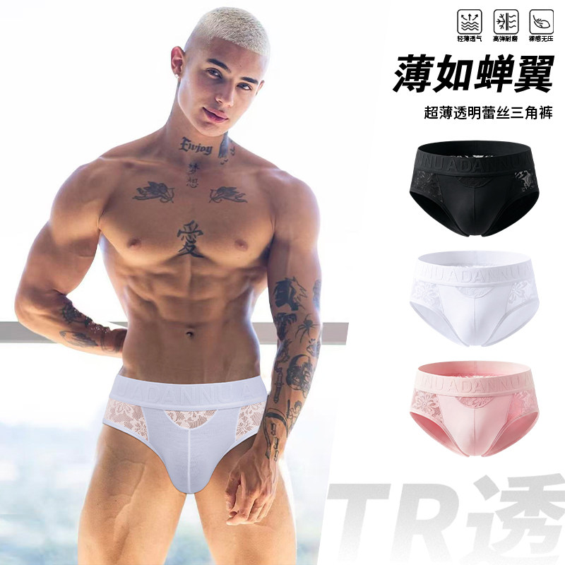 2件装TR透明蕾丝边男士性感三角内裤浮雕纹低腰情趣透视网纱诱惑