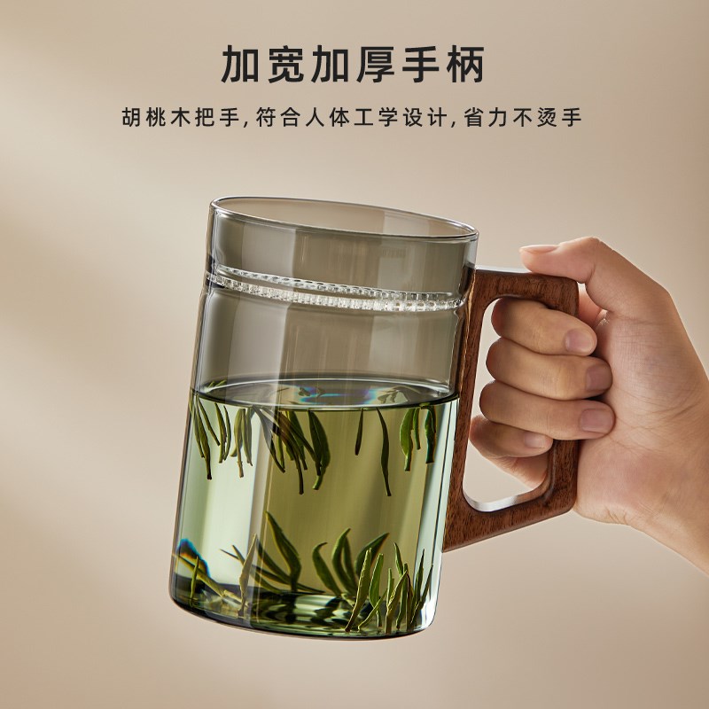 大容量绿茶杯月牙过滤泡茶杯带杯盖耐高温玻璃喝茶杯茶水分离杯子图片