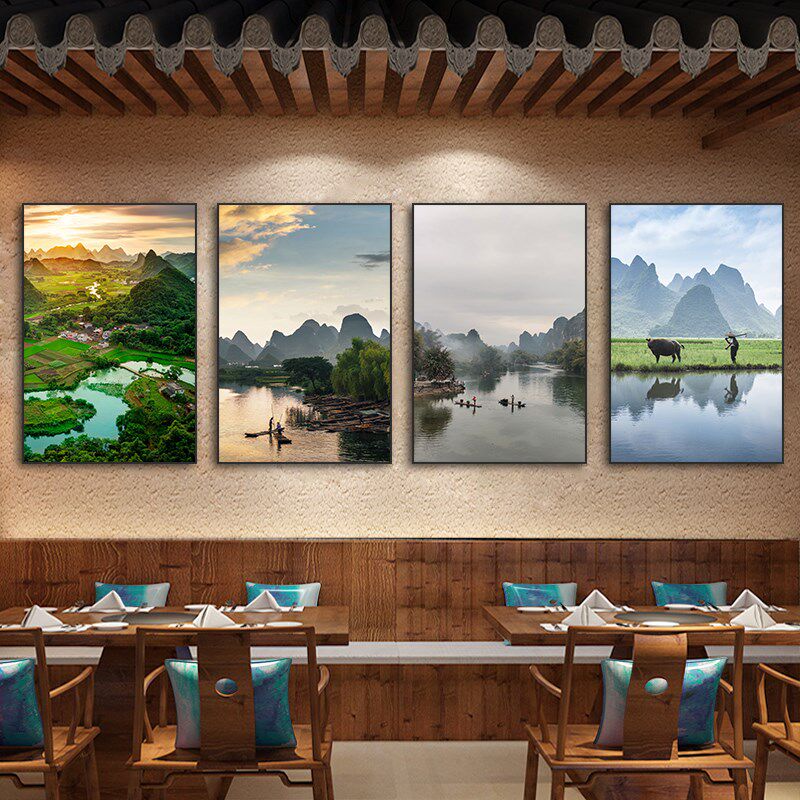 饭店装饰画餐厅茶楼食堂餐饮店广西桂林风景挂画阳朔漓江山水壁画