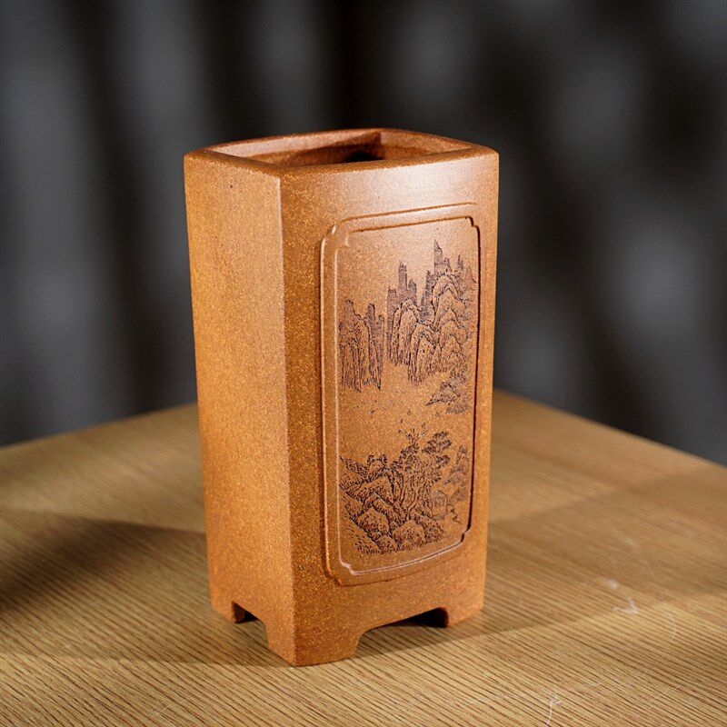 高档精品名家许成安宜兴原矿老段泥高四方奎面紫砂签筒千筒兰花盆