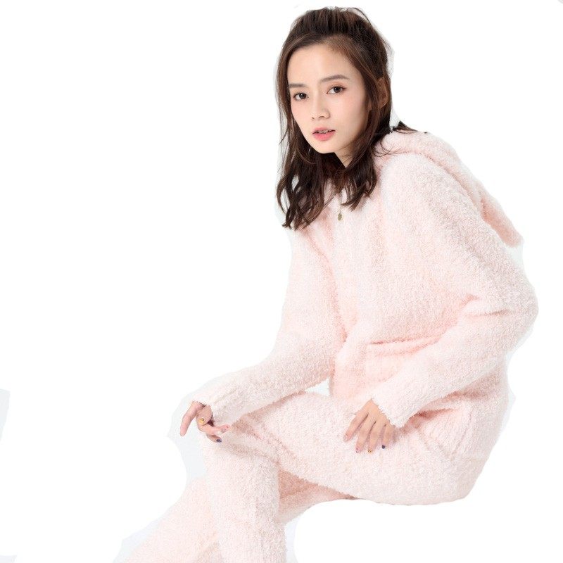 可爱兔耳朵睡衣两件套女秋冬加厚甜美拉链针织软绵绵家居服