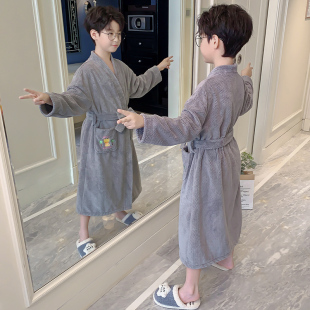 儿童睡衣珊瑚绒秋冬季法兰绒男童孩加厚款连帽月亮睡袍保暖家居服