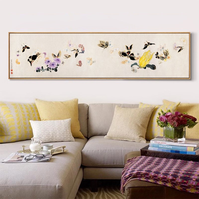 网红新中式壁画餐厅国画客厅沙发背景墙装饰画蝴蝶花卉卧室床头挂