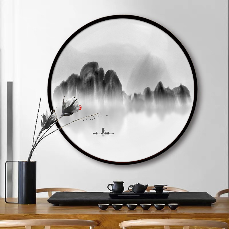 山水画客厅背景墙新中式挂画圆形水墨画靠山壁画办公室玄关装饰画