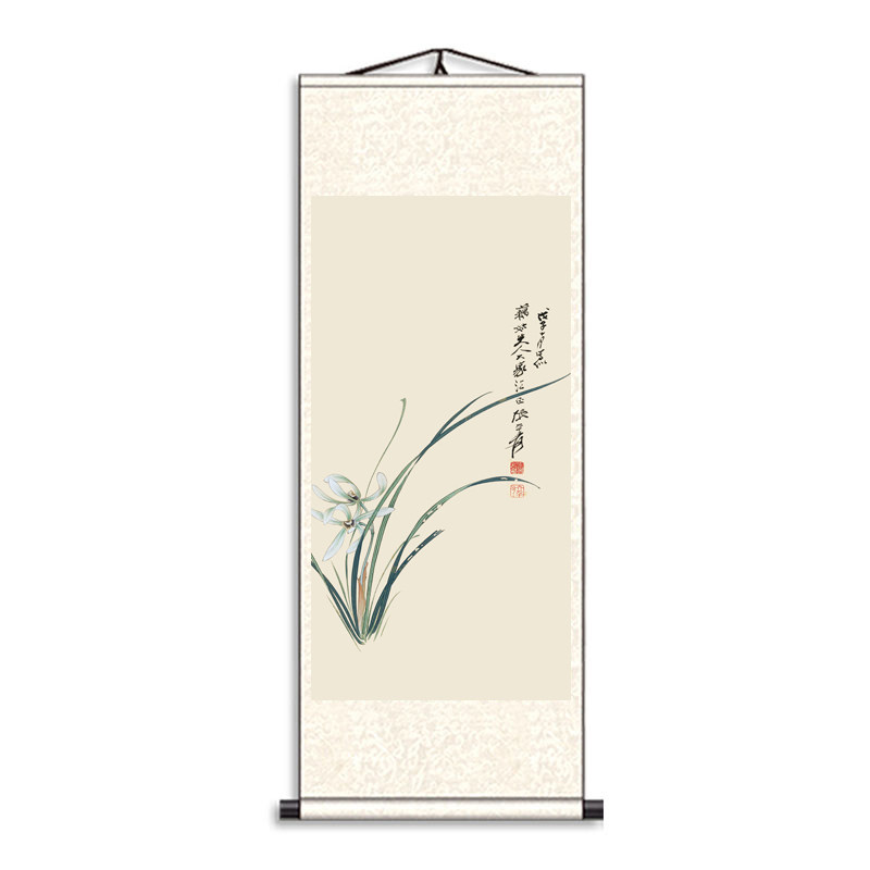 客厅竖版兰花挂画装饰画卧室书房挂画景区卷轴花鸟字画办公室壁画