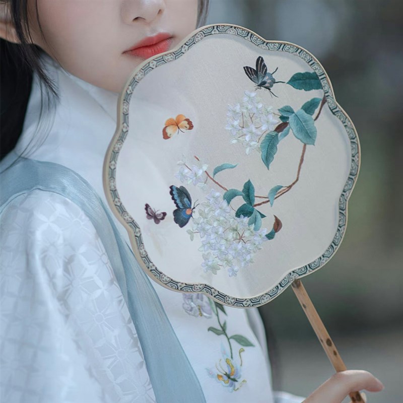 古风纯手工苏绣八瓣梅花形湘妃竹团扇双面绣扇创意摆件汉服装配饰