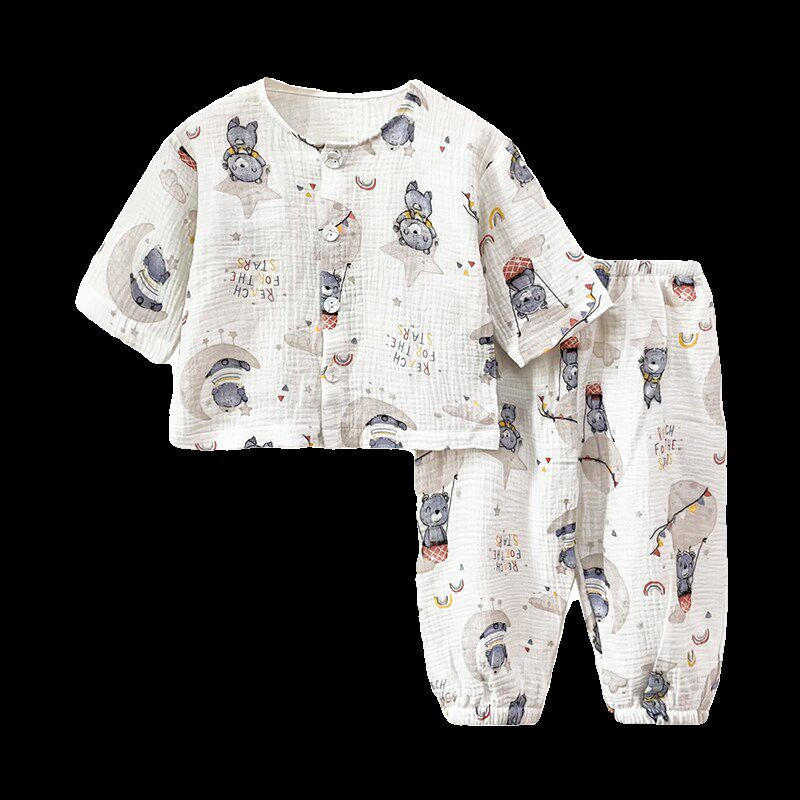 宝宝睡衣纱布男童春秋薄款A类纯棉长裤儿童婴儿空调服2件套家居服