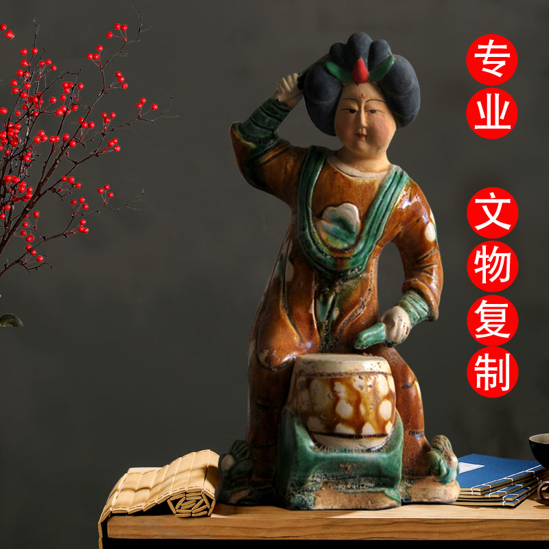 唐仕女摆件乐器俑侍女陶俑胖妞肥婆古玩收藏仿古唐三彩仕女陶瓷