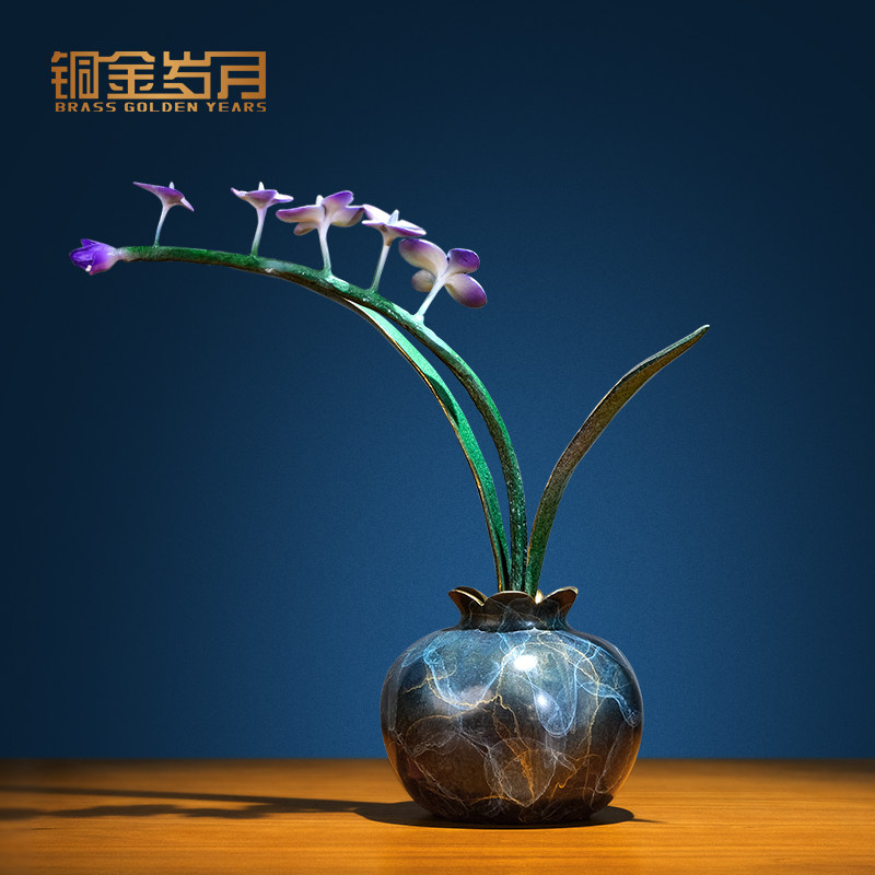 全黄铜兰花摆件客厅入户玄关博古架花瓶新中式花架花艺家居装饰
