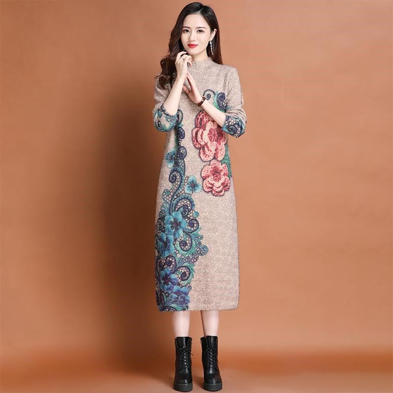胖mm冬季大码过膝毛衣裙女宽松200斤长款加肥内搭遮肚针织打底裙