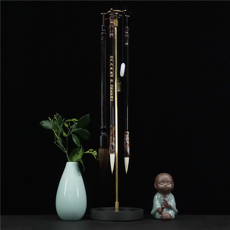 黄铜杆砚石底座笔架毛笔挂墨碟创意摆件挂笔接水毛笔架文房四宝