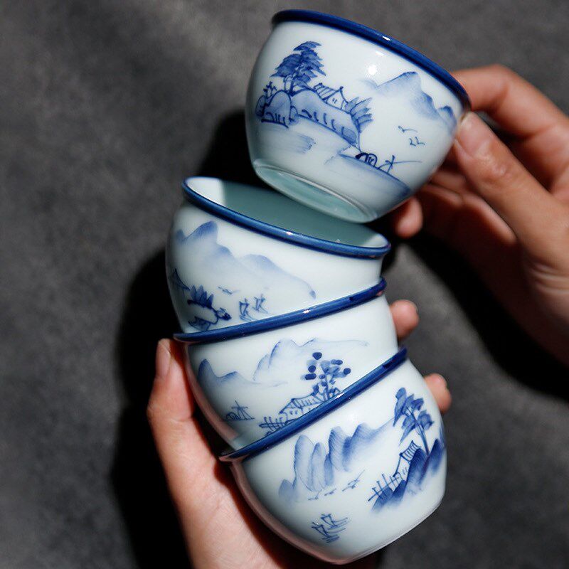 景德镇陶瓷手工手绘柴烧青花山水缸杯单杯功夫茶具品茗杯主人杯