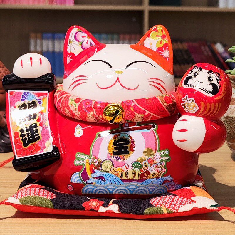 精致陶瓷招财猫摆件 商铺收银台开业礼品中号大号 家居装饰存钱罐