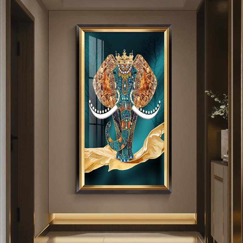 轻奢玄关装饰画入户大象走廊过道竖版挂画客厅进门欧式壁画镶钻画