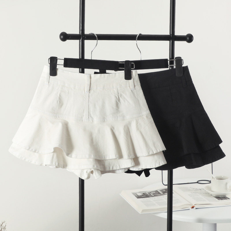 超短裙百褶裙荷叶边牛仔短裙女防走光内衬夏季黑白色牛仔裙弹力裙