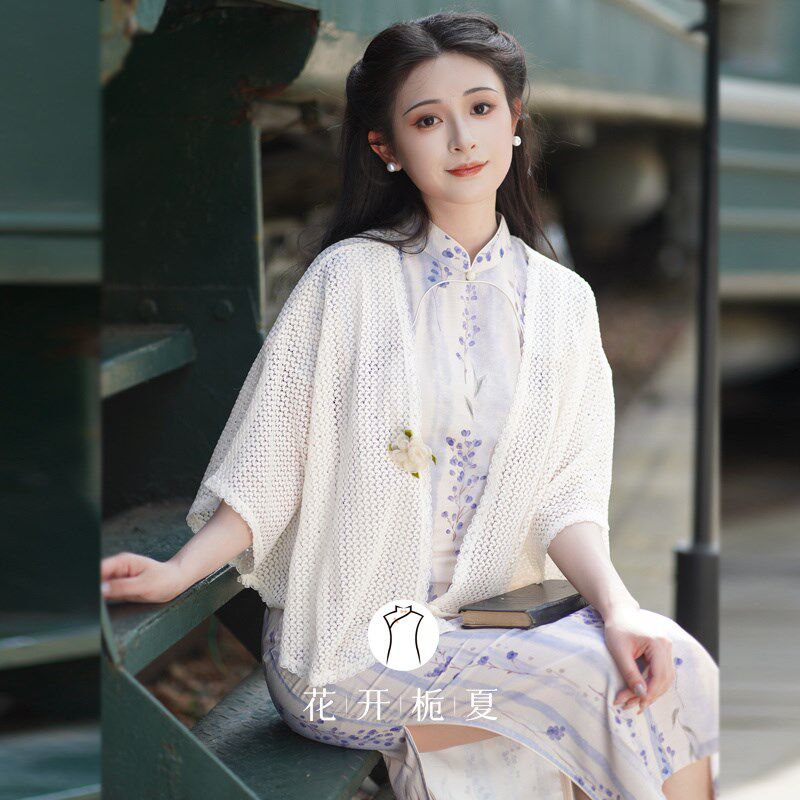 文艺复古米白色针织披肩配旗袍外搭镂空开衫小坎肩夏季薄款